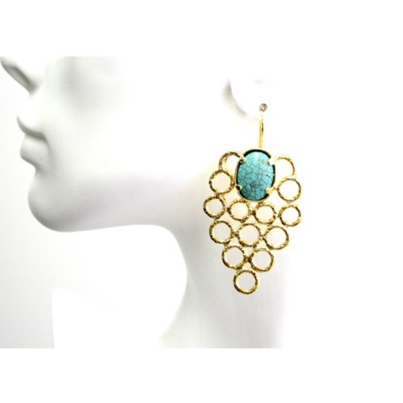 Turquoise Gold Drop Earrings – Handmade Boho Statement Jewelry NWT - Picture 3 of 9